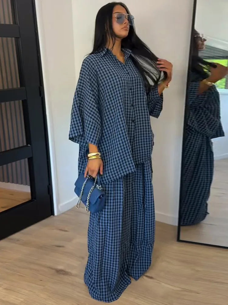 Casual Women's Set Three Quarter Sleeve Plus Size Single Breasted Tops Wide Leg Pants 2026 Summer Plaid Women 2-piece Sets