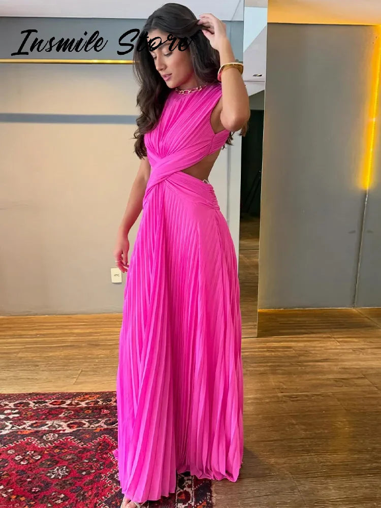 Pleated Sleeveless Backless Dress