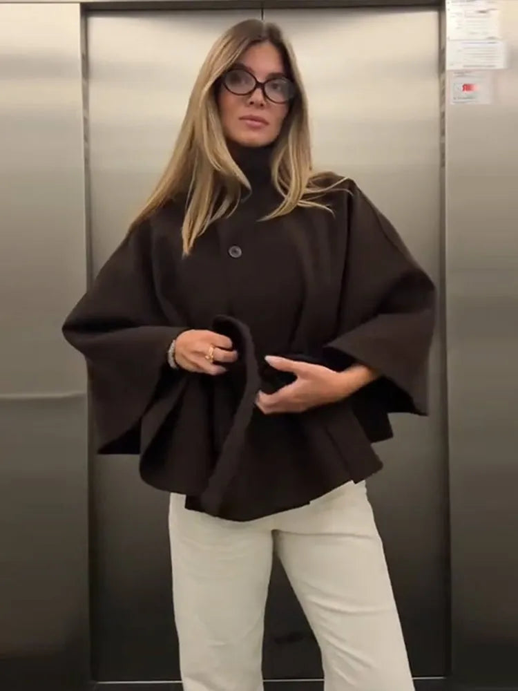 Women's Cape Brown Jacket For Women Demi-season Cloak Coat Stand Poncho Jackets Single-breasted Overcoat Winter Fall Black New