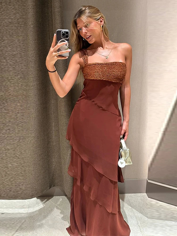 Women's Dress Irregular One-Shoulder Waist Cinching Layered Chiffon Solid Long Dresses Elegant Summer New Daily Wear Ladies Robe