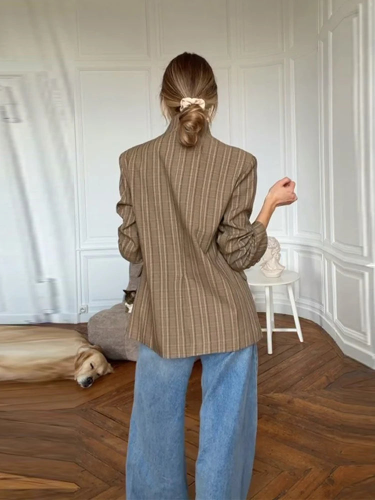 Casual Striped Blazer Women Standneck Shoulder Pad Long Sleeves One Button Pockets Coats Female 2026 Spring New Chic Outwears