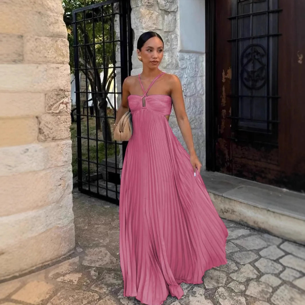 Summer 2025 Elegant Pure Color Strapless Pleated Midi Dress V-neck High-waisted Sleeveless Polyester Long Dress