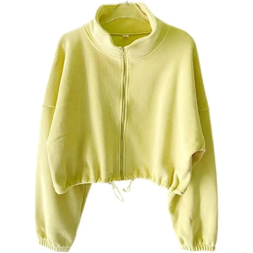 Women Loose Cropped Jacket Loose Zipper Sweatshirt Y2k Long Sleeve Coat Cardigan Sportswear Streetwear Drawstring Tops Clothing