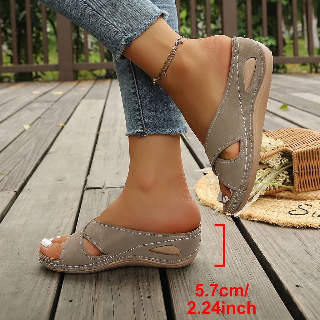 Women Wedge Slippers Vintage Anti-Slip Leather Slippers Premium Orthopedic Sandals Casual Platform Retro Shoes Flat Slides Women
