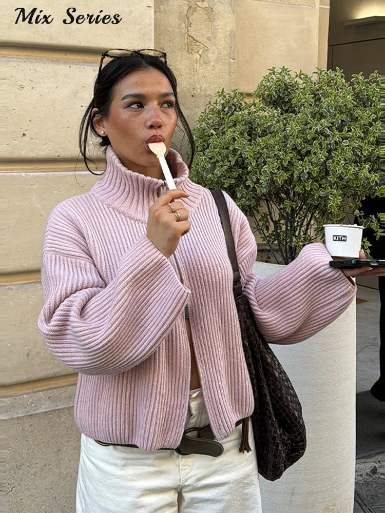 Casual Turtleneck Knitted Ribbed Sweater Women's Loose Full Sleeve Zippers Cardigan 2026 Autumn Winter Lady Minimalist Outerwear