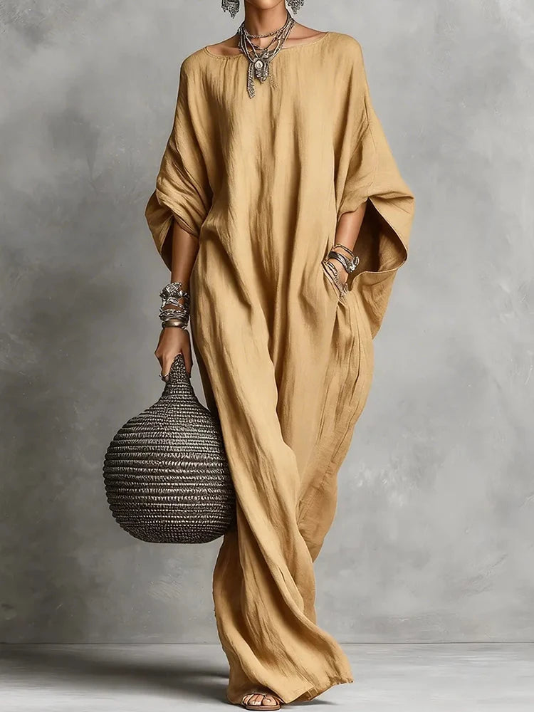 Three Quarter Batwing Sleeve Loose Party Dress, Women Spring Summer O Neck Simple Maxi Dress, Holiday Solid Elegant Ladies Dress