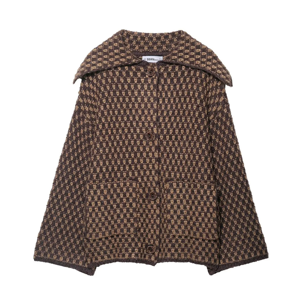 2026 New Autumn Brown Long Sleeve Knitted Cardigans Women Elegant Lapel Single Breasted Loose Sweater Coat Knitwear Korean Style