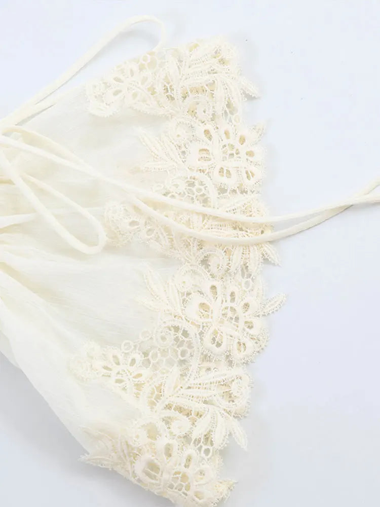 Chic Lace Patchwork See-through Shirts Women Elegant V Neck Flare Sleeve Lace-up Ruffled Female Blouse 2026 Summer Lady Tops