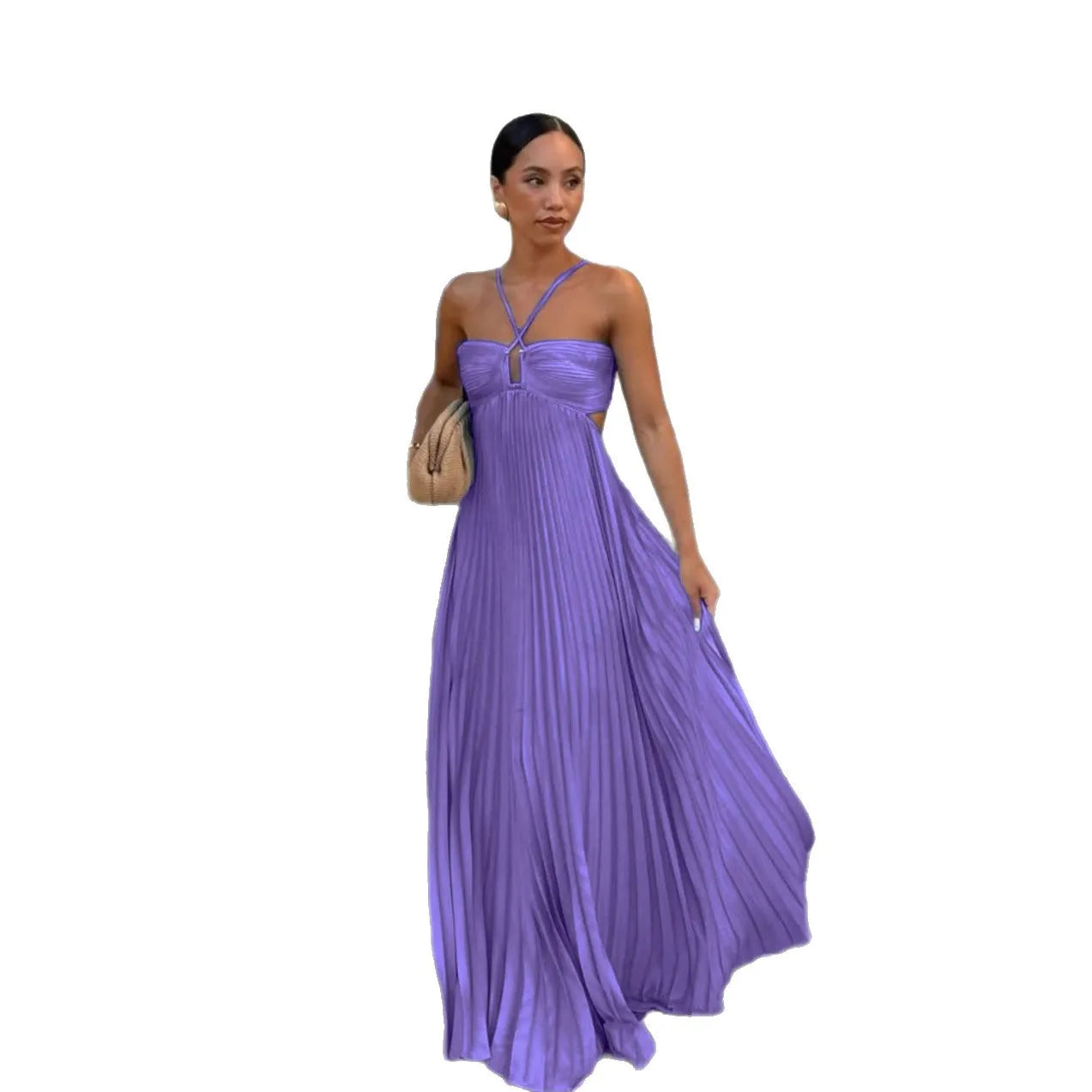 Summer 2025 Elegant Pure Color Strapless Pleated Midi Dress V-neck High-waisted Sleeveless Polyester Long Dress