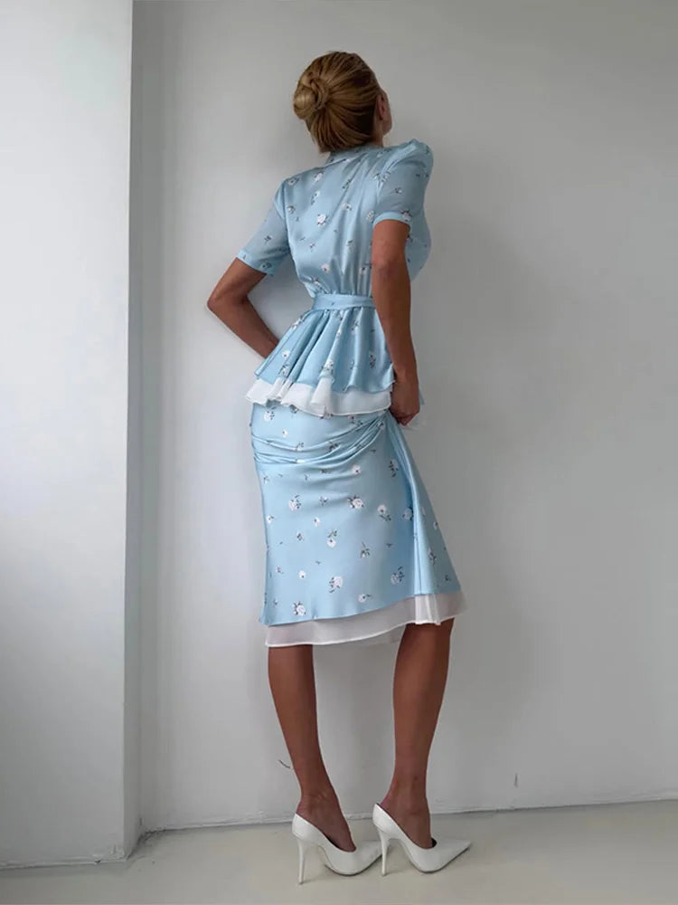 Floral Print V-Neck Peplum Top Dress Set Waist Tie Short Sleeve 2026 Summer Chic Women Co-ord Set Classy Parisian Lady Vestido