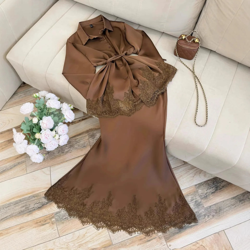 Women Two Piece Sets Skirt Set Turn Down Collar Lace Sexy Full Sleeve Tops Long Skirts High Waist Y2k Streetwear Elegant Work