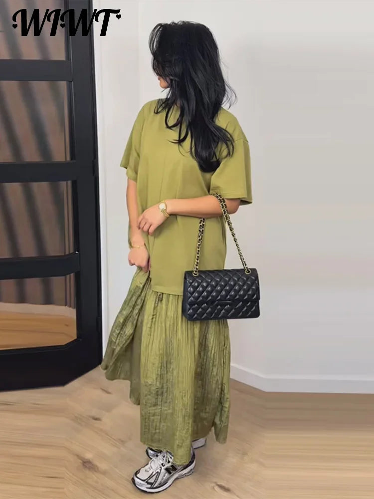 Loose Patchwork Women's Pleated Dresses Fashion Short Sleeve O-neck Long Robes 2026 Summer New Female Elegant Casual Dress