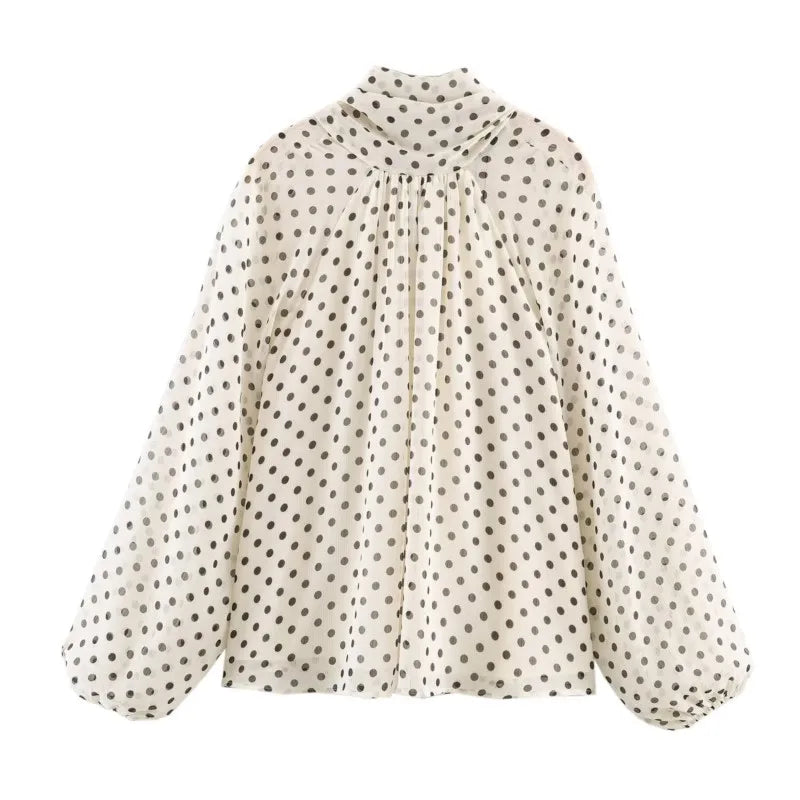 Women Polka Dot Print Blouse Casual High Collar Long Sleeve Lady Top Simple Women's Blouse Female Shirts & Blouses