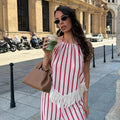Color Contrast Stripes Knit Tassel Set Hollow Cutout Halter Neck Tie Cami Top Wide Leg Pants Women Fashion 2026 Autumn Outfits