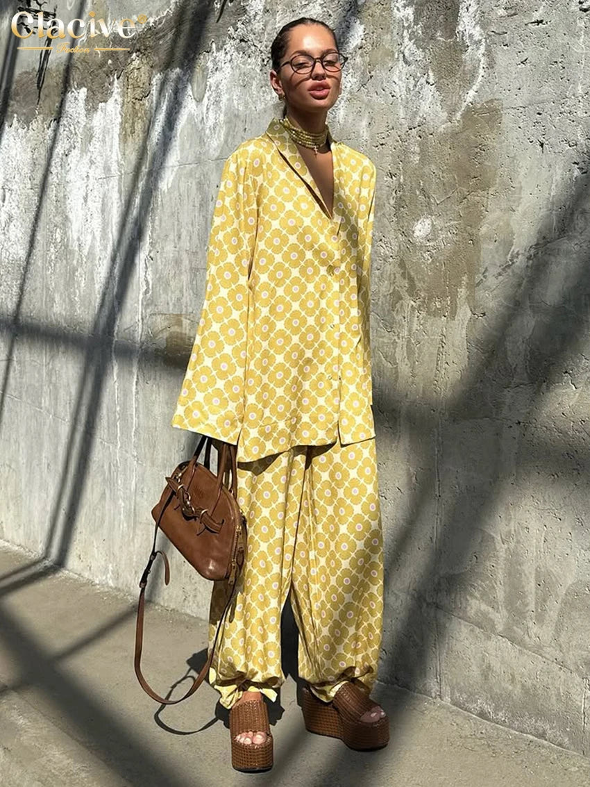 Clacive Fashion Loose Print Women's Two Pieces Set Elegant Long Sleeve Blouse With High Waist Wide Pants Set Female Streetwear