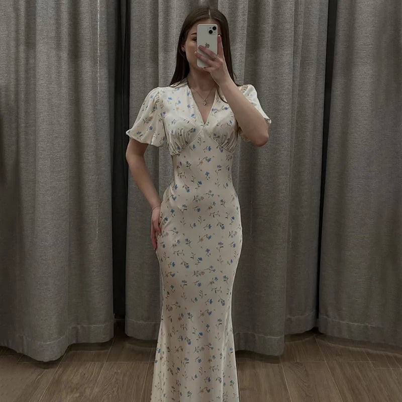 Printed Floral Print Elegant Long Dress For Women Short Sleeve V Neck Fashion Slim Dress Satin Commuting Banquet Female Dress