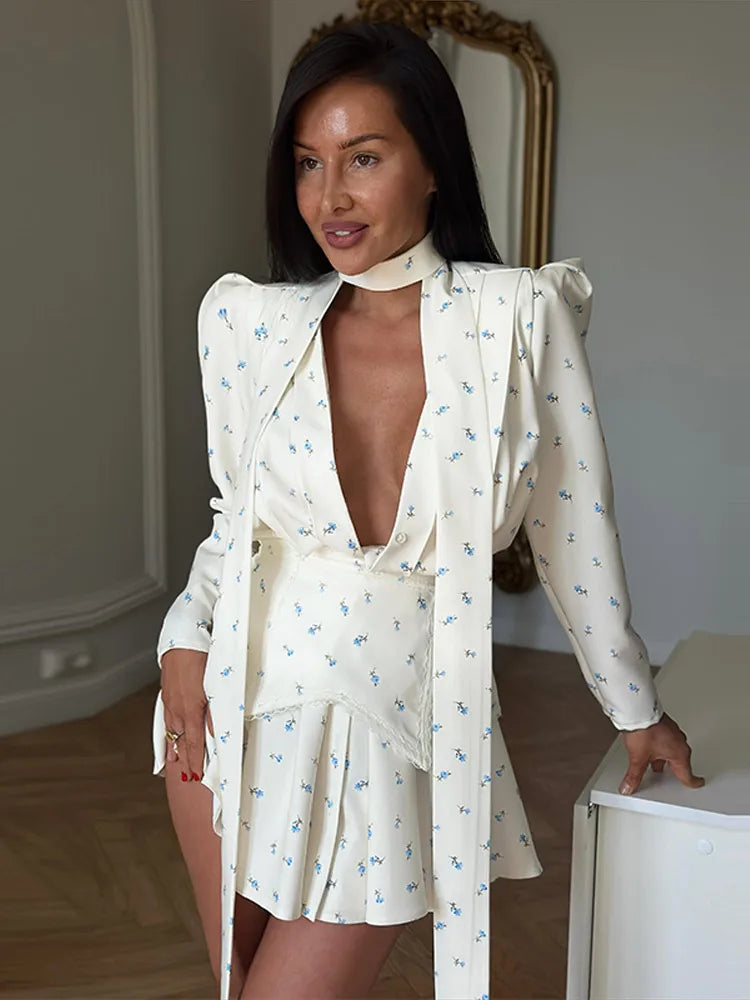 Elegant Printed Women's Dress Long Sleeve V-Neck Lady Mini Dresses With Waist-Tape 2026 Summer Chic Female Vacation Holiday Robe