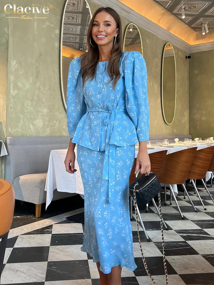 Clacive Fashion Loose Print Women Two Pieces Set 2025 Elegant Long Sleeve Shirt With High Waist Long Skirt Set Female Streetwear