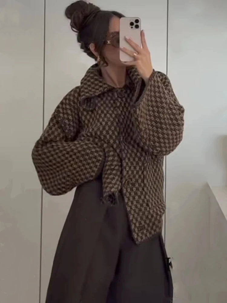 2026 New Autumn Brown Long Sleeve Knitted Cardigans Women Elegant Lapel Single Breasted Loose Sweater Coat Knitwear Korean Style
