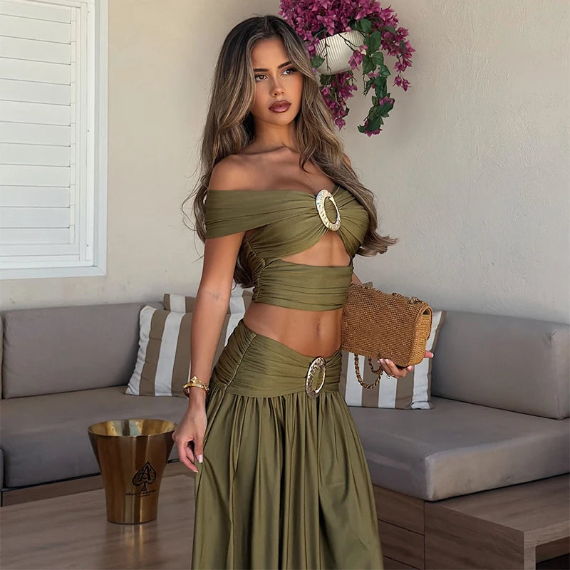 Sexy Olive Green Maxi Skirt Two Piece Set Women Y2k Pleated Off Shoulder Crop Top High Waist Metal Buckle Beach Vacation Outfits