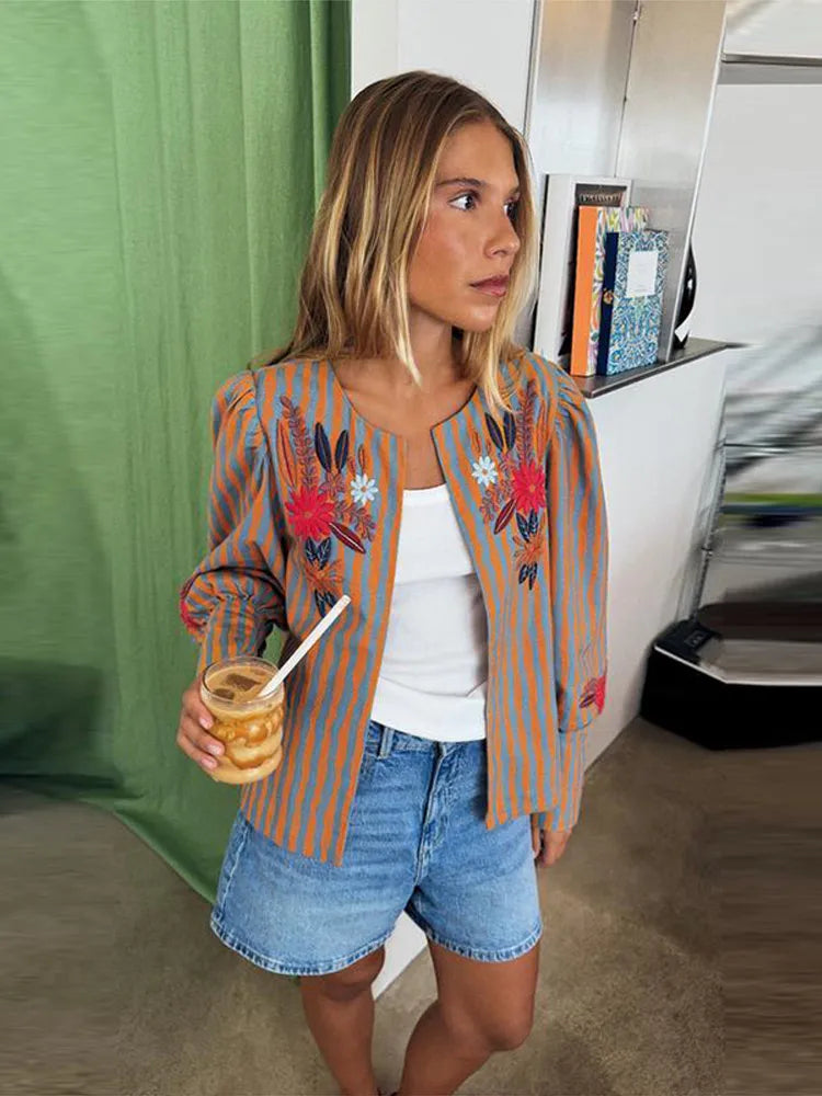 Ines Striped Floral Embroidered Jacket