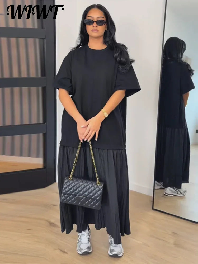 Loose Patchwork Women's Pleated Dresses Fashion Short Sleeve O-neck Long Robes 2026 Summer New Female Elegant Casual Dress