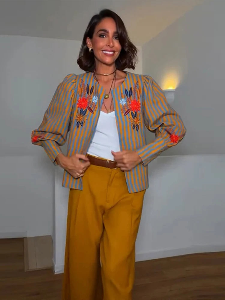 Ines Striped Floral Embroidered Jacket