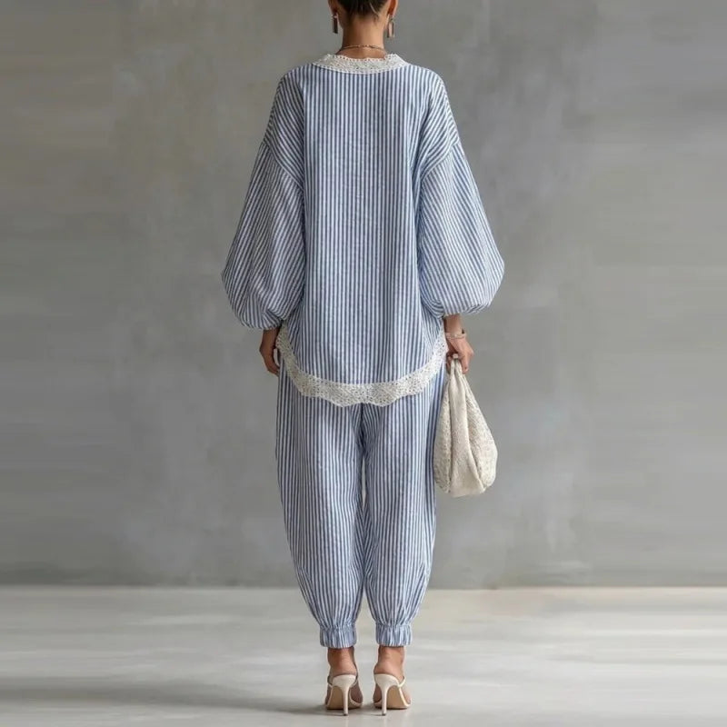 Boho Striped Two Piece Set for Women Sexy V-Neck Lace Trim Puff Sleeve Top & Casual Loose Lantern Pant Spring Matching Set