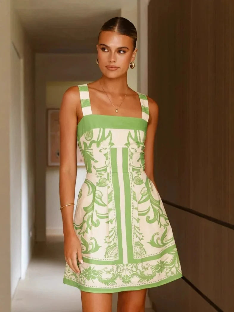 2025 Summer Fashion New Women's Elegant New Printed Bohemian Dress Short Vacation Strap Hot Girl Sexy Color Blocked Dress