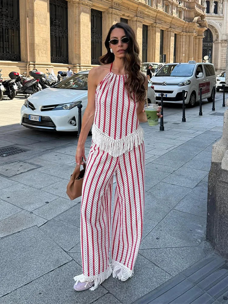 Color Contrast Stripes Knit Tassel Set Hollow Cutout Halter Neck Tie Cami Top Wide Leg Pants Women Fashion 2026 Autumn Outfits