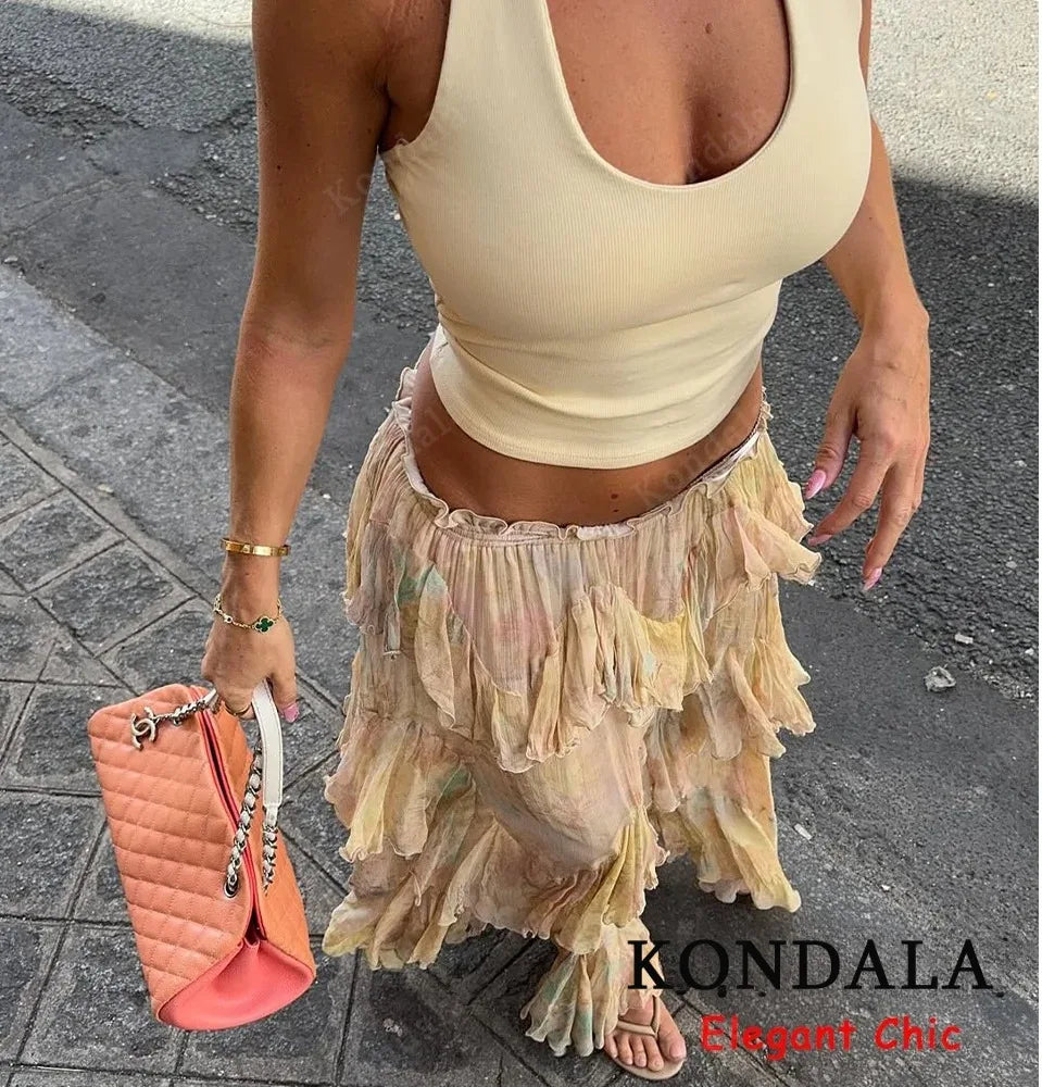 KONDALA Women Elegant Hippie Skirt Gradient Print Tiered Ruffled Long Skirts 2026 Summer Holiday High Street Boho Lady Skirts