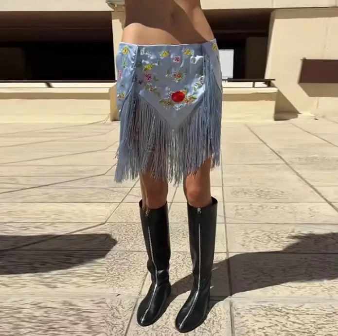 Women's Embroidery Tassel Mini Skirt Chic Patchwork Low Waist Irregular Tassel Skirts 2026 Summer Vacation Casual Street Outfits