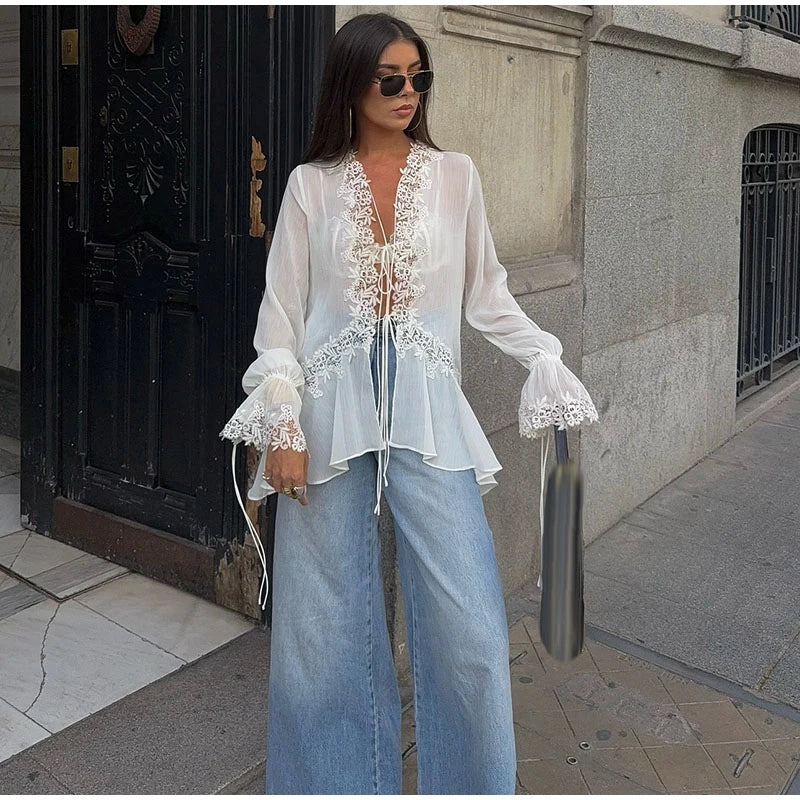 Chic Lace Patchwork See-through Shirts Women Elegant V Neck Flare Sleeve Lace-up Ruffled Female Blouse 2026 Summer Lady Tops