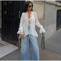 Chic Lace Patchwork See-through Shirts Women Elegant V Neck Flare Sleeve Lace-up Ruffled Female Blouse 2026 Summer Lady Tops