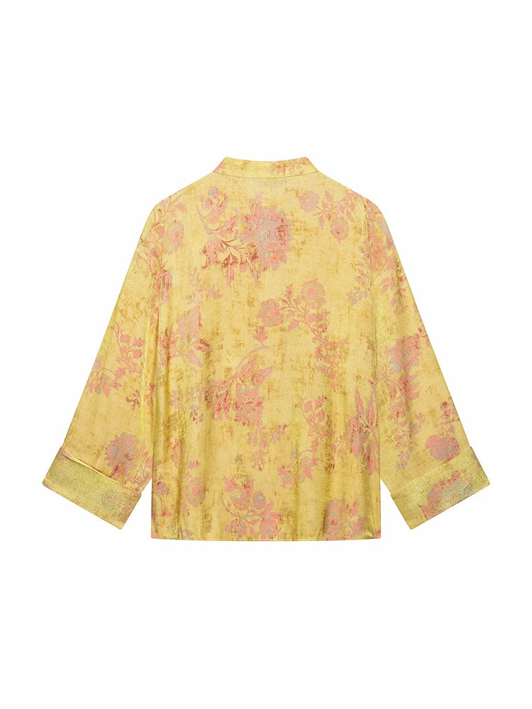 Women Yellow Floral Printing 2-Piece Set Women Stand Collar Long Sleeve Shirt + High Waist Wide Leg Pants Loose Lady Suit