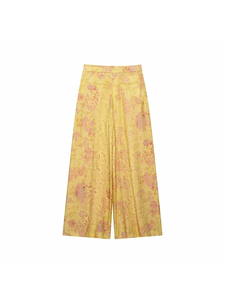 Women Yellow Floral Printing 2-Piece Set Women Stand Collar Long Sleeve Shirt + High Waist Wide Leg Pants Loose Lady Suit