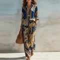 Bohemian Style Women's Pattern Print 2 Piece Set Long Sleeve Button Down Shirt and Wide Leg Pants Set New Casual Vacation Outfit