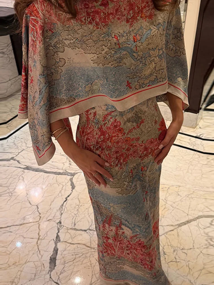 Tropical Leaf Print Cape Two Piece Set