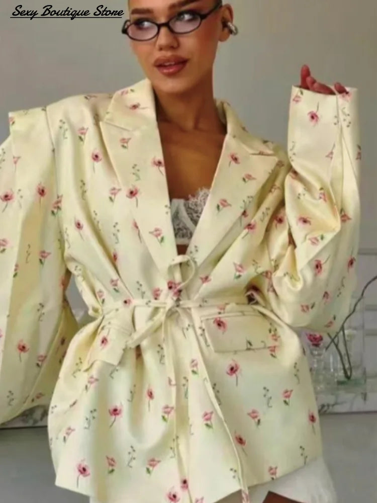 Chic Oversize Floral Printed Women Jacket Padded Lapel Lace Up Loose Coat Long Sleeve High Waist Outwears 2025 Lady Streetwear