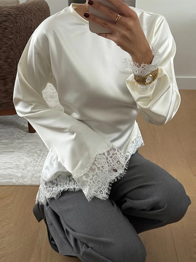 Casual Lace Patchwork Lace-up Tops Women's Slim Belted Waist-cinching Round Neck Pullovers 2026 New Ladies Spring Solid Outwear
