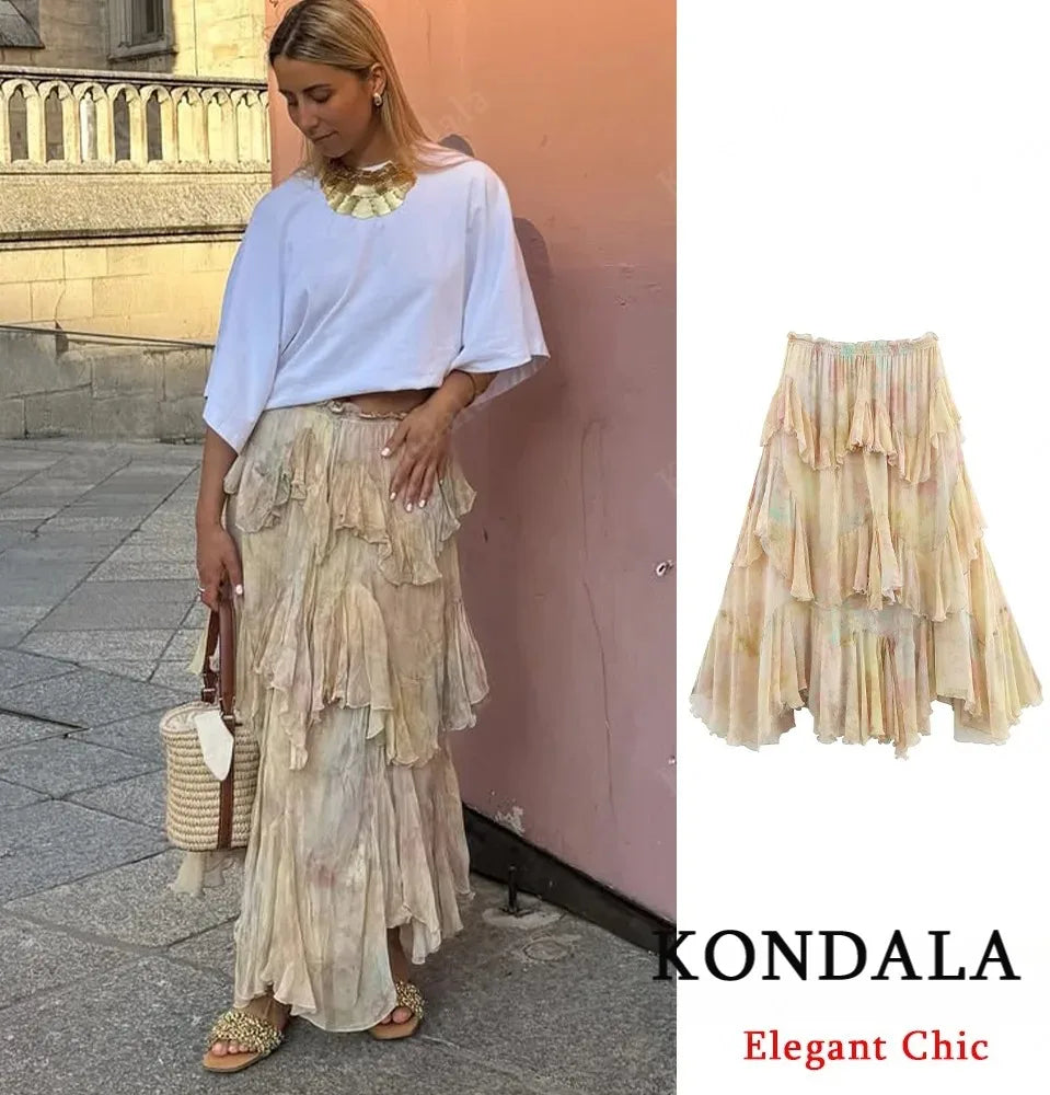 KONDALA Women Elegant Hippie Skirt Gradient Print Tiered Ruffled Long Skirts 2026 Summer Holiday High Street Boho Lady Skirts