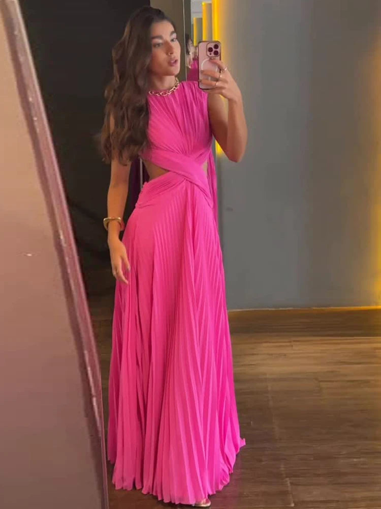 Pleated Sleeveless Backless Dress