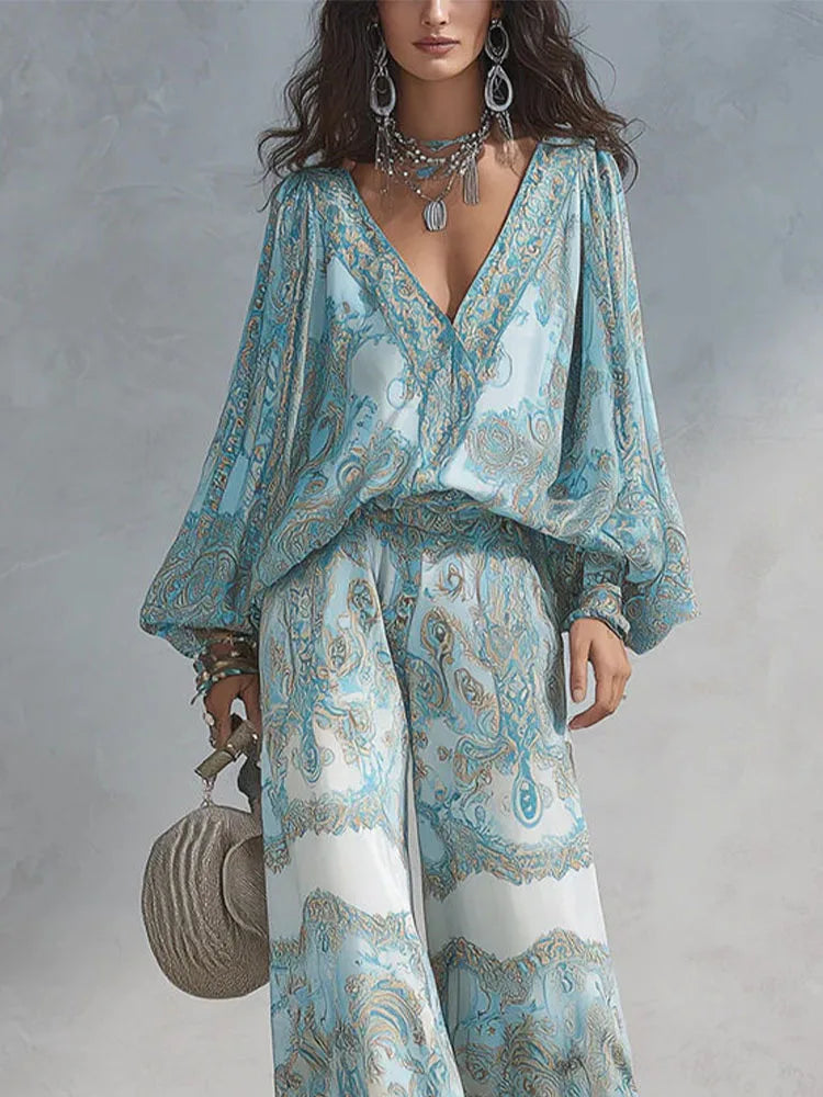 Women's Boho Paisley Print Two-Piece Set Sexy Deep V-Neck Long Sleeve Blouse Top Wide Leg Pants Casual Loose Suit for Vacation
