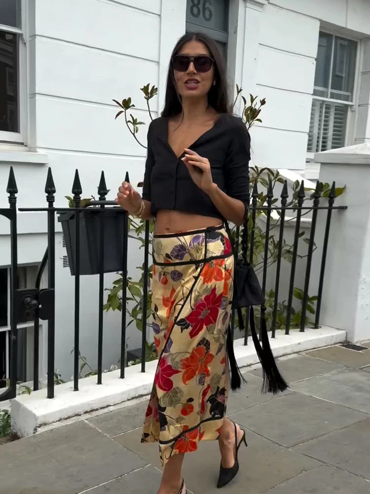 Retro Skirts Women's Floral Pattern Split Irregular High Waist Loose Skirt Fashion Chic 2026 Spring Summer New Date Wear Women