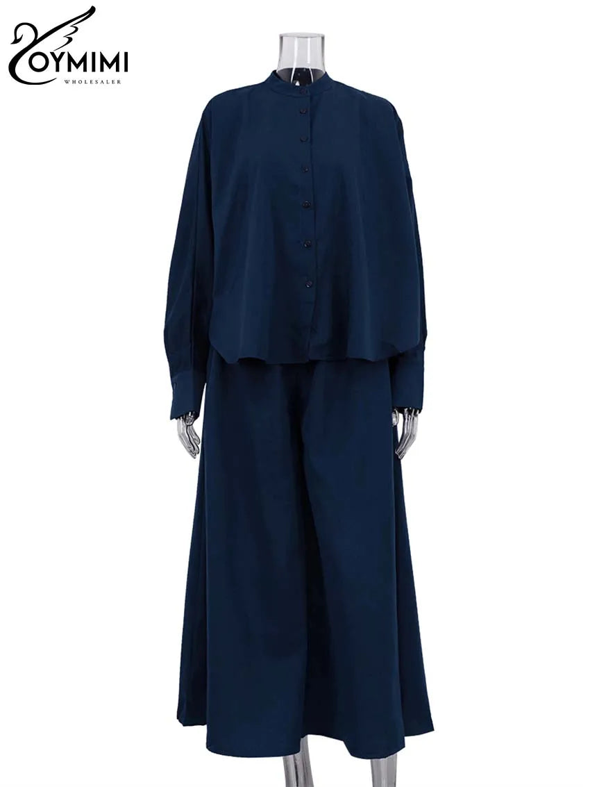 Oymimi Fashion Black Two Piece Set For Women Casual O-Neck Long Sleeve Button Shirts And High Waist Loose Pockets Trousers Sets