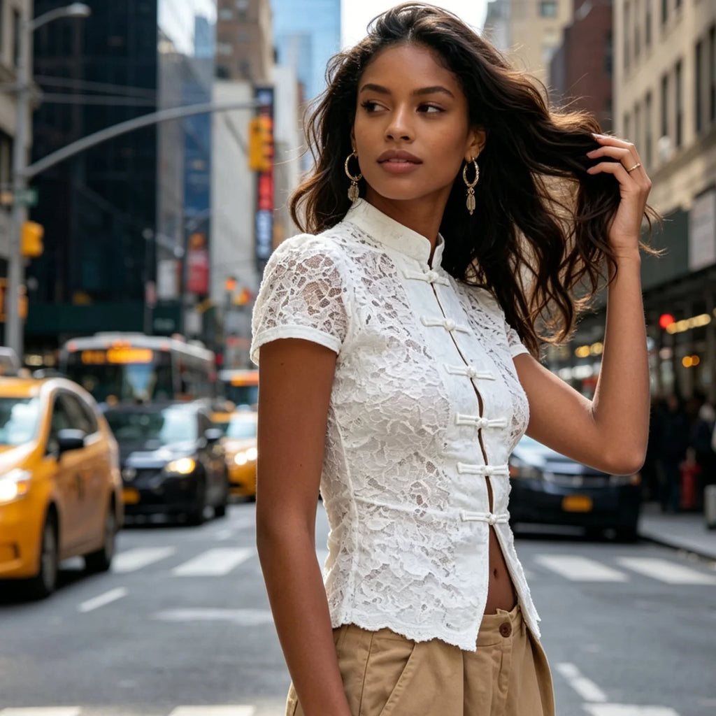Women's Summer Short Sleeve Mandarin Collar Button Up Shirt Elegant Floral Lace Front Frog Button Closures Mesh Top for Party