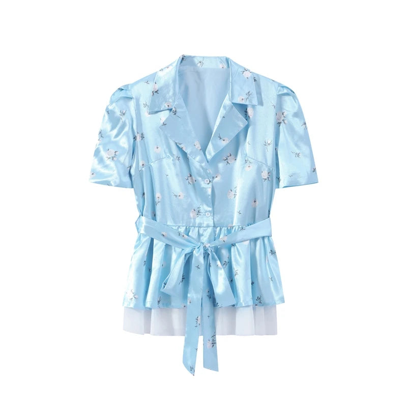 Floral Print V-Neck Peplum Top Dress Set Waist Tie Short Sleeve 2026 Summer Chic Women Co-ord Set Classy Parisian Lady Vestido