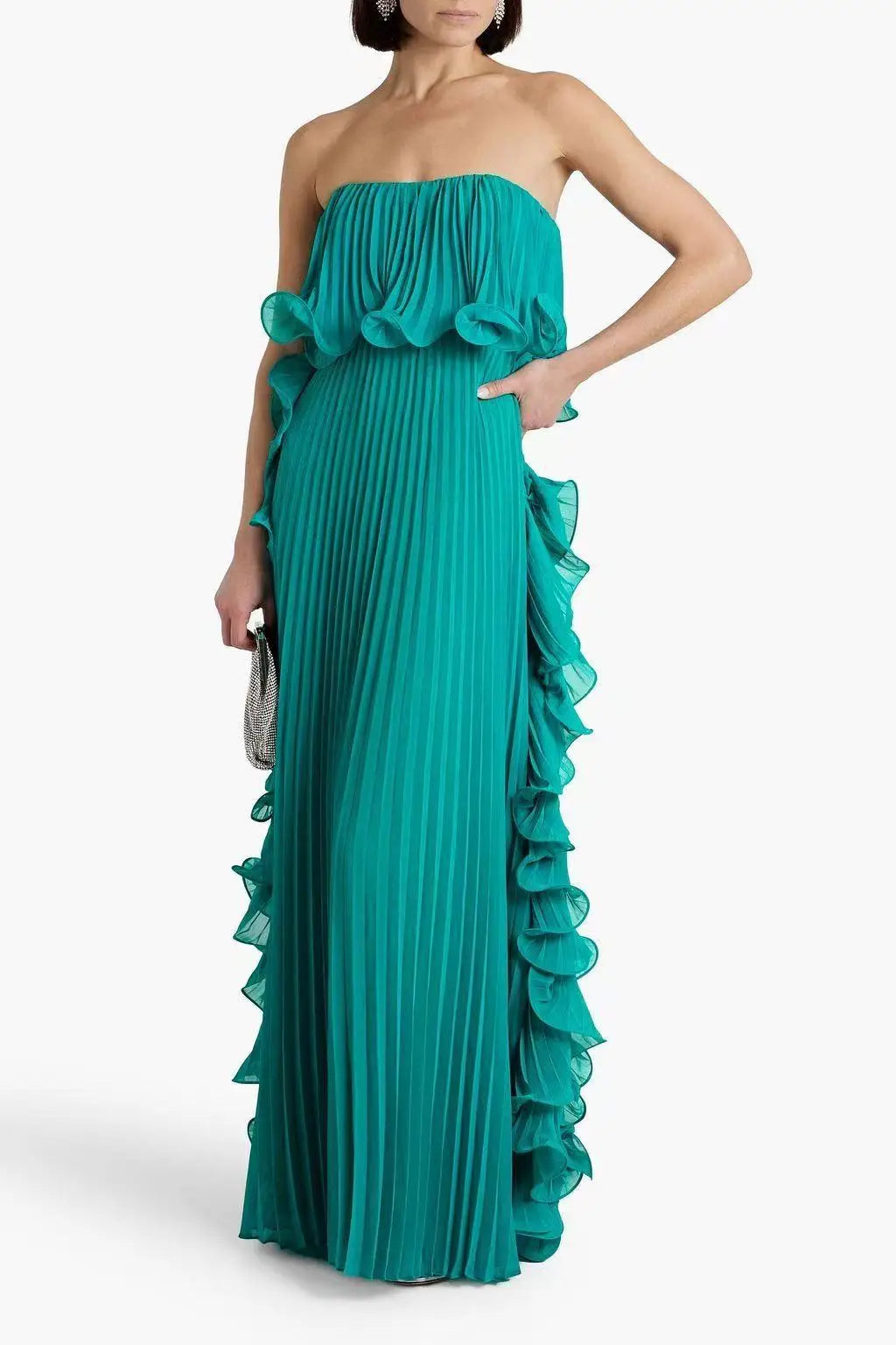 Ingrid Ruffle Trim Pleated Maxi Dress