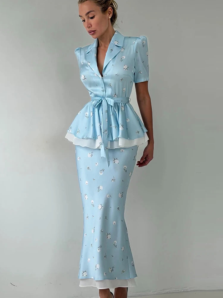 Floral Print V-Neck Peplum Top Dress Set Waist Tie Short Sleeve 2026 Summer Chic Women Co-ord Set Classy Parisian Lady Vestido