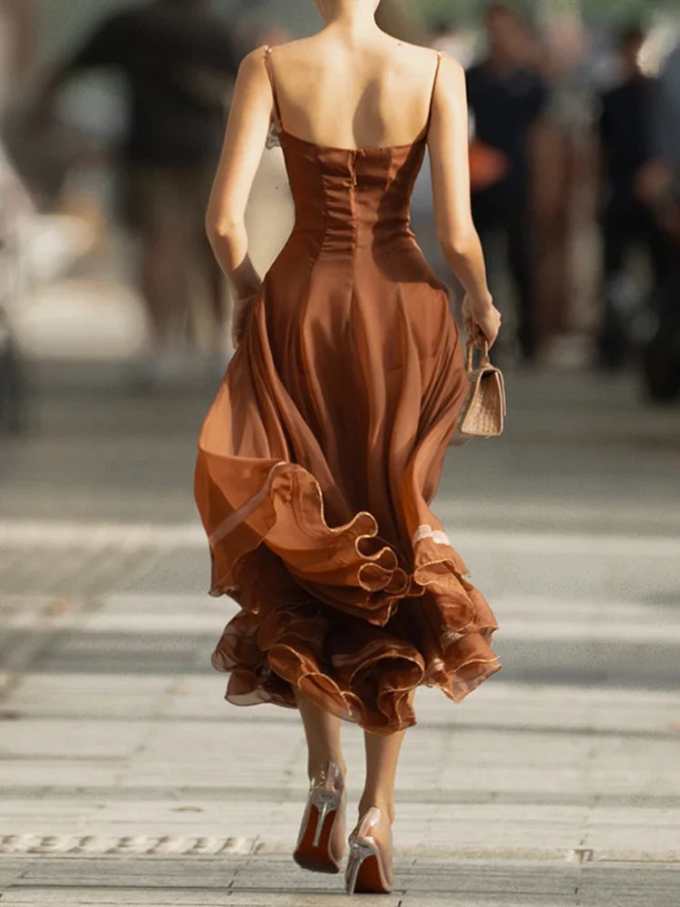 Chic Chiffon Women's Dress Sleeveless Spaghetti Strap Ruffle Hem A-line Gown Female 2026 Elegant Summer Lady Vacation Party Robe